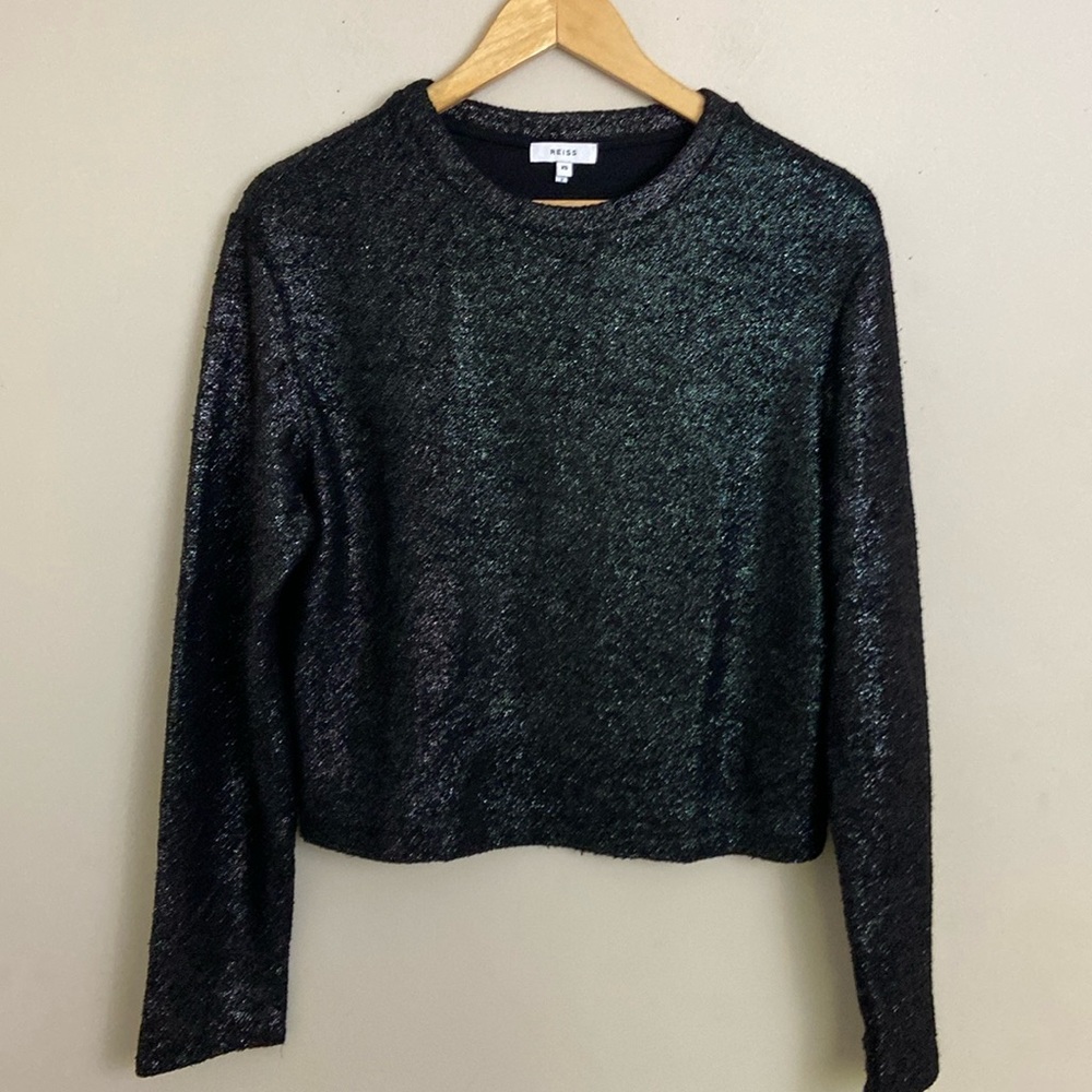 Reiss Black Iridescent Cropped Crewneck Long Sleeve Sweater size XS
